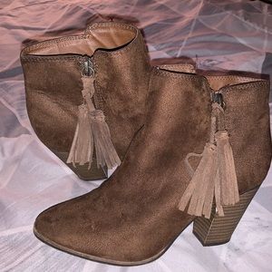 Brown heel booties with tassels